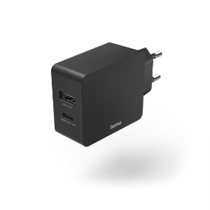 Hama 210575 Schnellladegerät, 1x USB-C, 1x USB-A, PD, 30 W, Schwarz