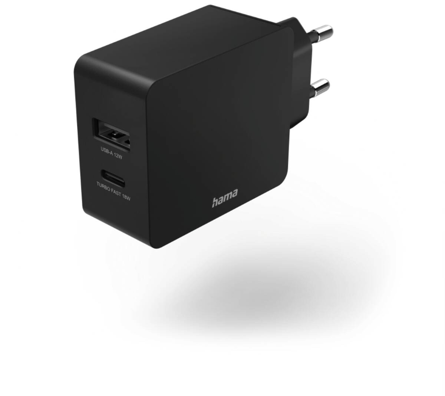 Hama 210575 Schnellladegerät, 1x USB-C, 1x USB-A, PD, 30 W, Schwarz