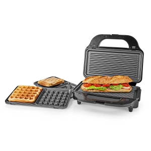 Nedis KAMG120FBK Multi-Grill |  Grill / Sandwich / Waffle | 900 W  28 x 15 cm | Automatischer Temperaturkontrolle | Edelstahl