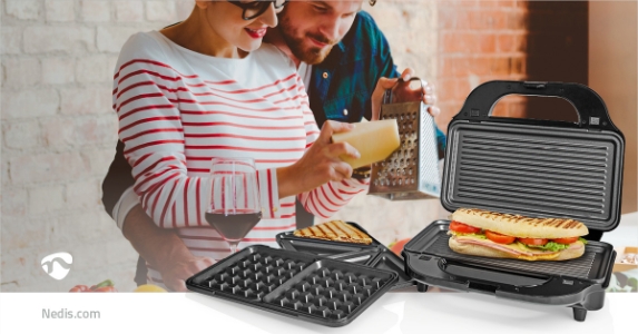 Nedis KAMG120FBK Multi-Grill |  Grill / Sandwich / Waffle | 900 W  28 x 15 cm | Automatischer Temperaturkontrolle | Edelstahl