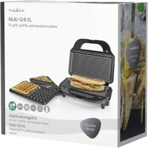 Nedis KAMG120FBK Multi-Grill |  Grill / Sandwich / Waffle | 900 W  28 x 15 cm | Automatischer Temperaturkontrolle | Edelstahl