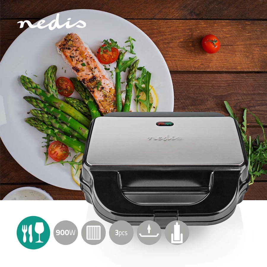 Nedis KAMG120FBK Multi-Grill |  Grill / Sandwich / Waffle | 900 W  28 x 15 cm | Automatischer Temperaturkontrolle | Edelstahl