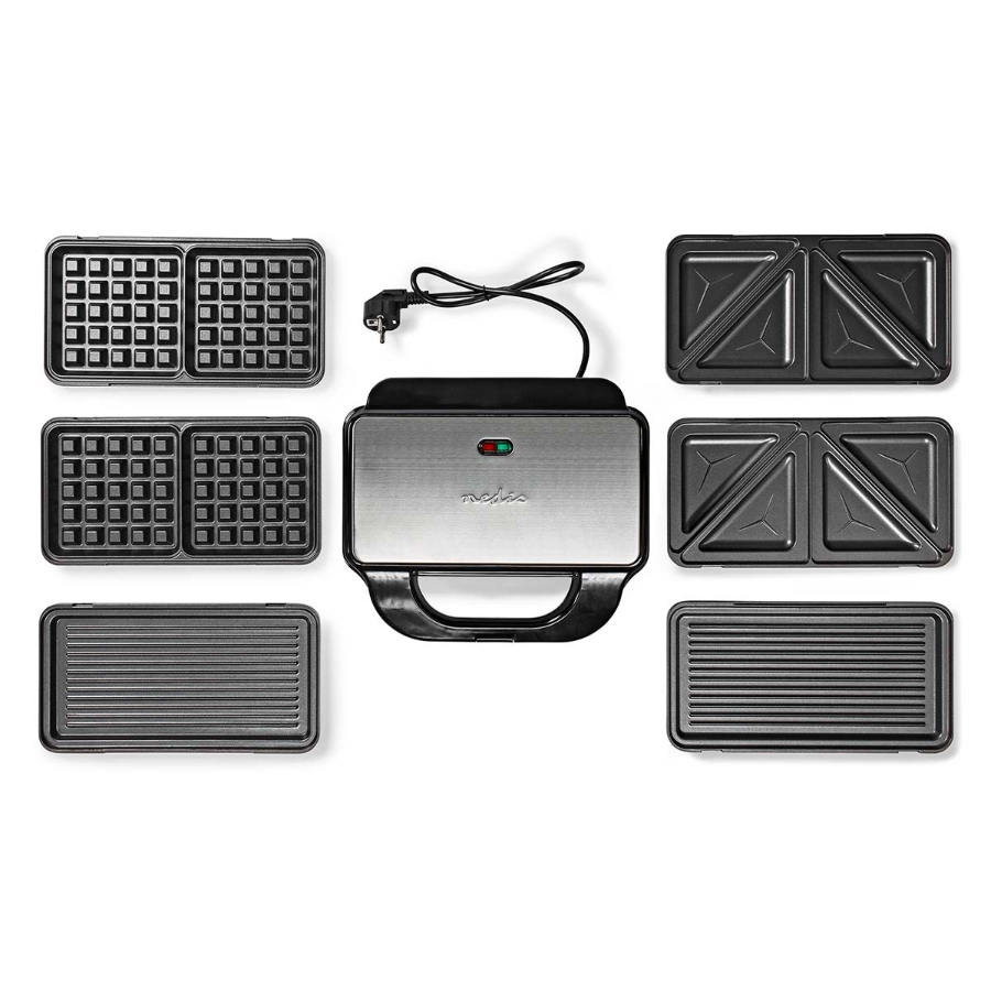 Nedis KAMG120FBK Multi-Grill |  Grill / Sandwich / Waffle | 900 W  28 x 15 cm | Automatischer Temperaturkontrolle | Edelstahl