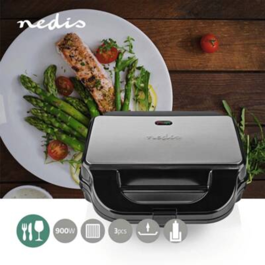 Nedis KAMG120FBK Multi-Grill |  Grill / Sandwich / Waffle | 900 W  28 x 15 cm | Automatischer Temperaturkontrolle | Edelstahl