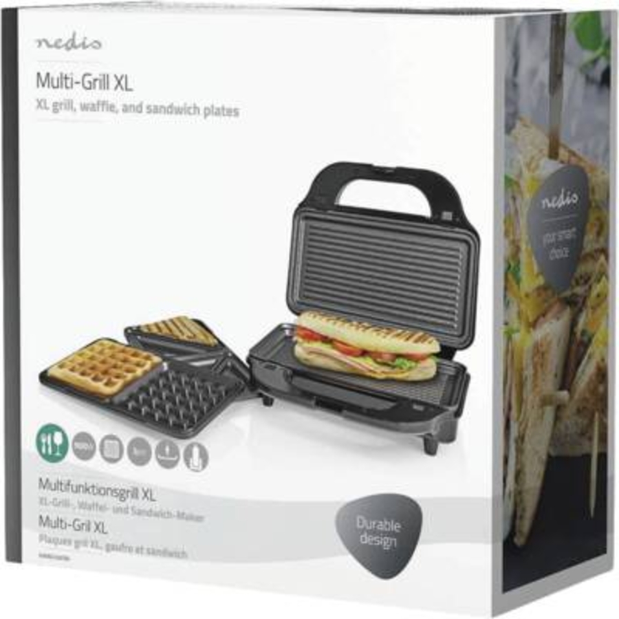 Nedis KAMG120FBK Multi-Grill |  Grill / Sandwich / Waffle | 900 W  28 x 15 cm | Automatischer Temperaturkontrolle | Edelstahl