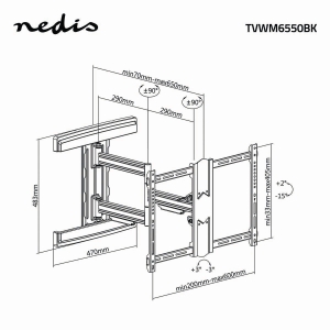 Nedis TVWM6550BK Vollbewegliche-TV-Wandhalterung 37 - 80 "  50 kg | kippbar | drehbar | Minimaler Wandabstand: 70 mm |