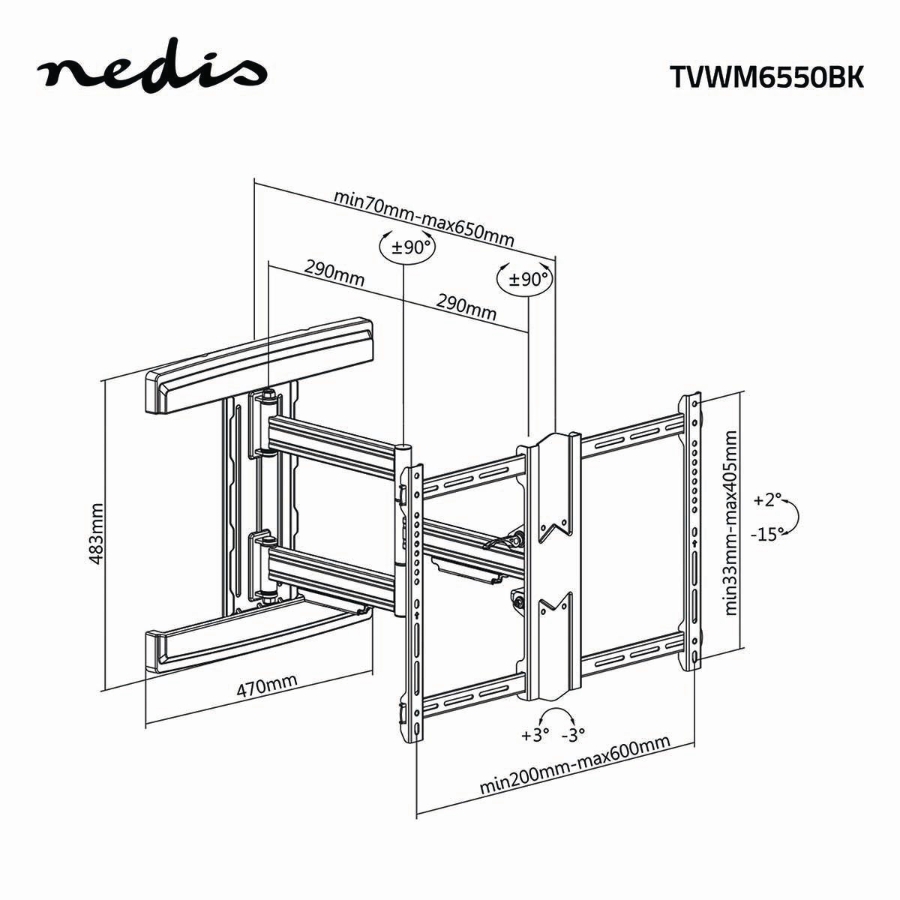 Nedis TVWM6550BK Vollbewegliche-TV-Wandhalterung 37 - 80 "  50 kg | kippbar | drehbar | Minimaler Wandabstand: 70 mm |