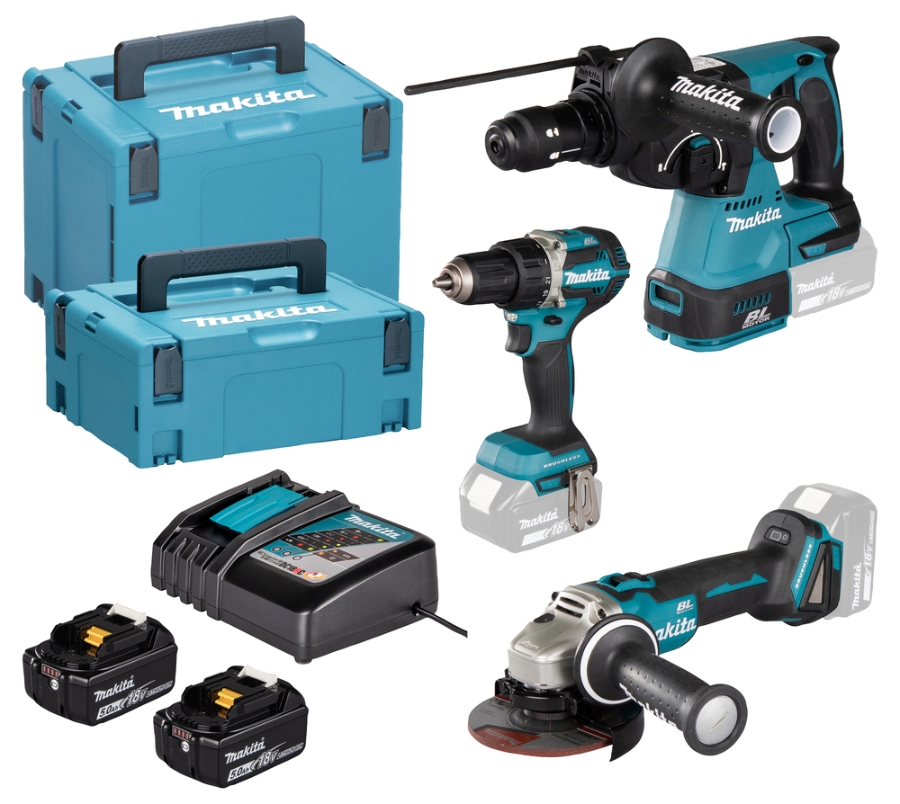 Makita DLX3195JX1 Kombo-Kit LXT  DDF484 • DGA504 • DHR243 • Ladegerät • 2 x 5,0 Ah Akku 