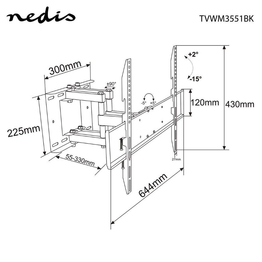 Nedis TVWM3551BK Vollbewegliche-TV-Wandhalterung 37 - 80 " 35 kg | kippbar | drehbar | Minimaler Wandabstand: 75 mm 