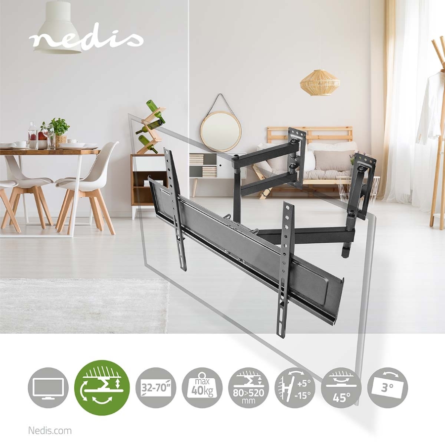 Nedis TVWM5350BK Vollbewegliche-TV-Wandhalterung 32 - 70 " 40 kg | kippbar | drehbar | Minimaler Wandabstand: 80 mm | 