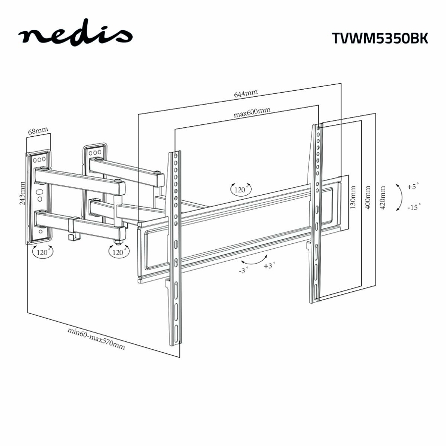 Nedis TVWM5350BK Vollbewegliche-TV-Wandhalterung 32 - 70 " 40 kg | kippbar | drehbar | Minimaler Wandabstand: 80 mm | 