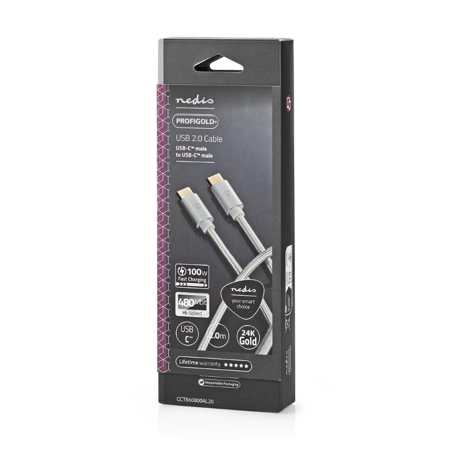 Nedis CCTB60800AL20| USB 2.0| USB-C™ Stecker| USB-C™ Stecker| 100W 480 Mbps | Vergoldet | 1.00 m | Rund | Geflochten / Nylon |