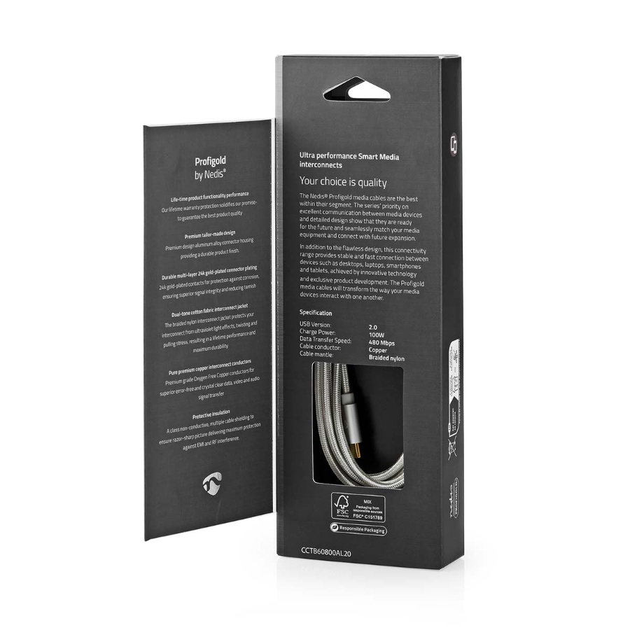 Nedis CCTB60800AL20| USB 2.0| USB-C™ Stecker| USB-C™ Stecker| 100W 480 Mbps | Vergoldet | 1.00 m | Rund | Geflochten / Nylon |