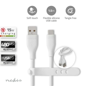 Nedis CCGB60800WT15 USB-Kabel USB 2.0| USB-A Stecker|USB-C Stecker 15 W |480 Mbps| Vernickelt| 1.50 m| Rund| Silikon| Weiss