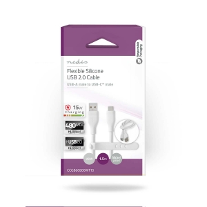 Nedis CCGB60800WT15 USB-Kabel USB 2.0| USB-A Stecker|USB-C Stecker 15 W |480 Mbps| Vernickelt| 1.50 m| Rund| Silikon| Weiss
