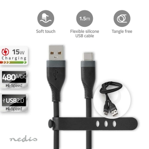 Nedis CCGB60800BK15 USB-Kabel USB 2.0| USB-A Stecker|USB-C Stecker 15 W |480 Mbps| Vernickelt| 1.50 m| Rund| Silikon| Weiss