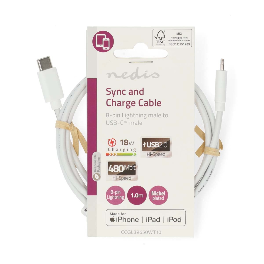 Nedis CCGL39650WT20 Lightning Kabel USB 2.0 |Apple Lightning 8-Pin USB-C™ Stecker | 480 Mbps | Vernickelt | 1.00 m | Rund | PVC