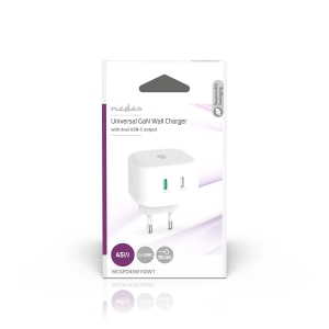 Nedis WCGPD45W100WT Netzladegerät 45 W | GaN | PD3.0 45W |Weiss Schnellladefunktion| 2.25 A / 3.0 A | Ausgänge: 2| 2x USB-C