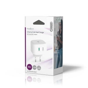 Nedis WCGPD45W100WT Netzladegerät 45 W | GaN | PD3.0 45W |Weiss Schnellladefunktion| 2.25 A / 3.0 A | Ausgänge: 2| 2x USB-C