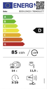 Beko BDSN15422X Geschirrspüler Einbau teilintegriert 60 cm  mit Besteckkorb