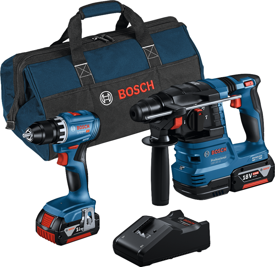 BOSCH Professional 2-tlg. Kit 18V: GSR 18V-45 + GBH 18V-22 + 2 x 4.0Ah + GAL 18 