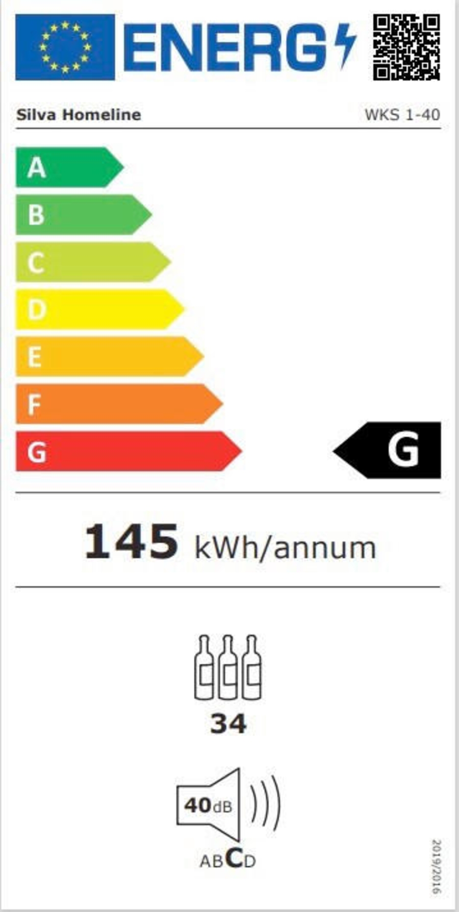 Silva WKS 1-40 Weinkühlschrank, 93 L, 34 Flaschen, G Schwarz