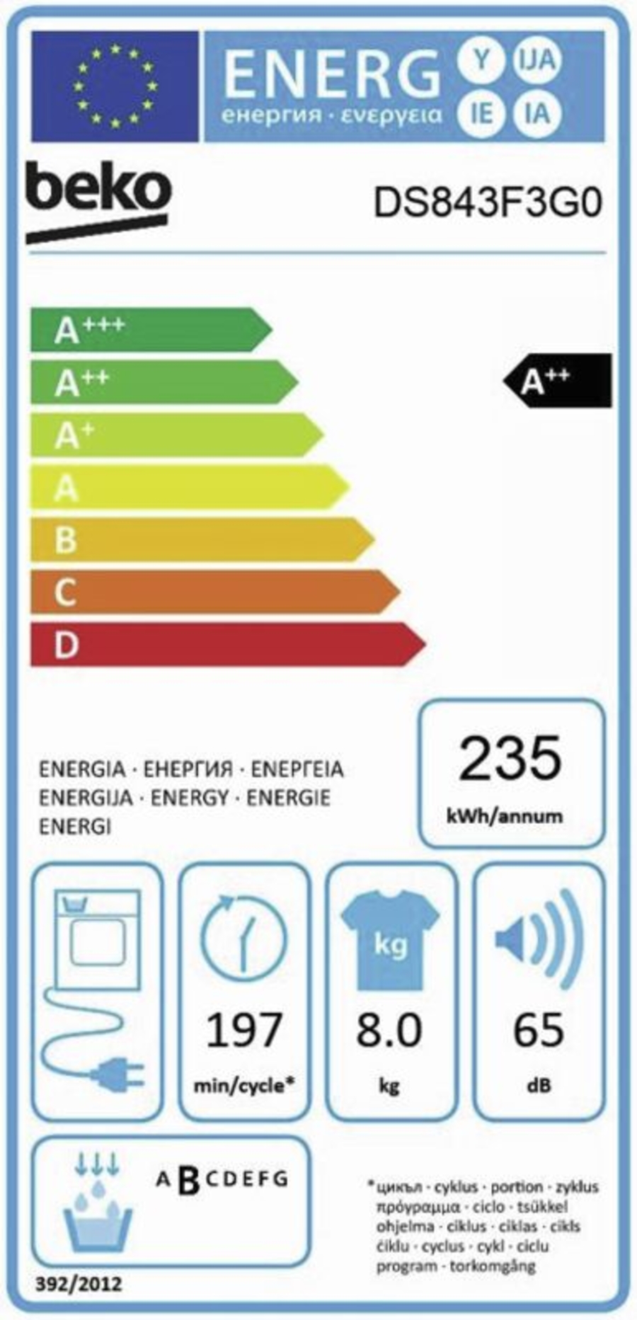 Beko DS843F3G0 Wärmepumpentrockner 8kg Weiss A++