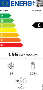Hisense RB390N4BFC Kühl-Gefrierkombination Stand 186cm,304l Total NoFrost