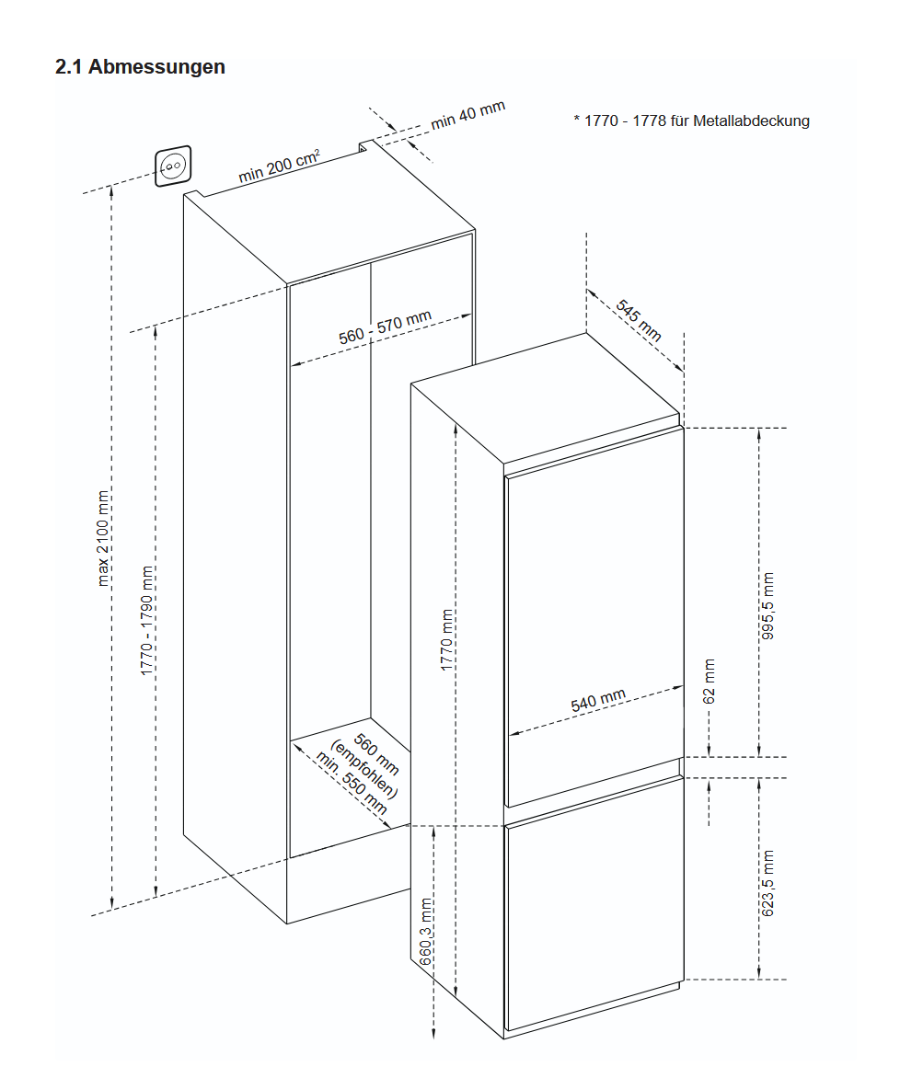bkitchen EKG 178.1 Einbau-Kühlgefrierkombination, 178 Nische,  181 L, D,Schlepptür