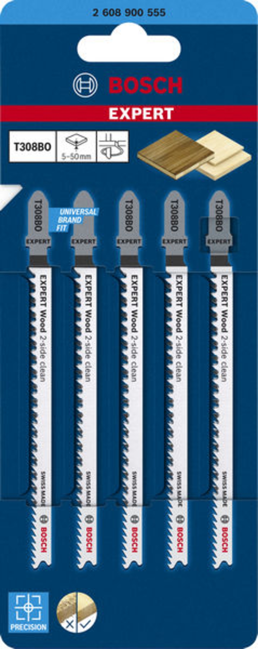 BOSCH Professional EXPERT Wood 2-side clean T308BO Stichsägeblatt, 5-tlg. 2608900555