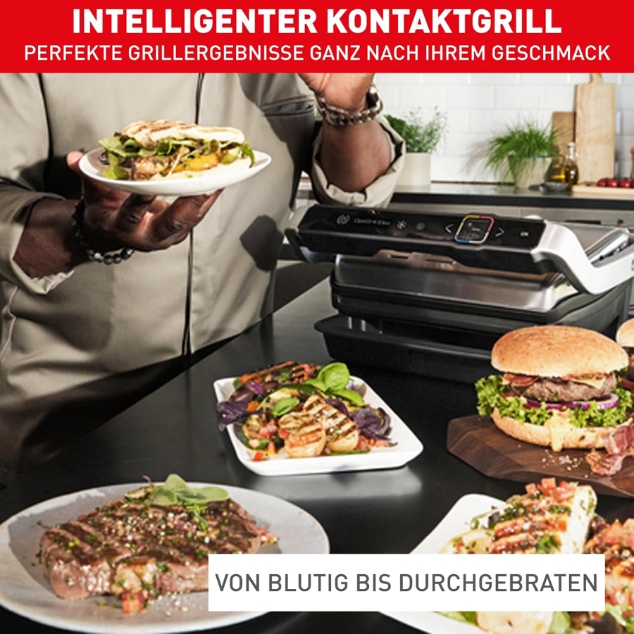 Tefal GC760D Optigrill Elite XL Kontaktgrill, 16 Programme,  Digitales Display mit Garstufenanzeige, abnehmbare XL-Platte