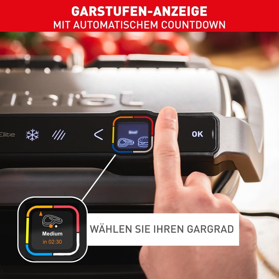 Tefal GC760D Optigrill Elite XL Kontaktgrill, 16 Programme,  Digitales Display mit Garstufenanzeige, abnehmbare XL-Platte