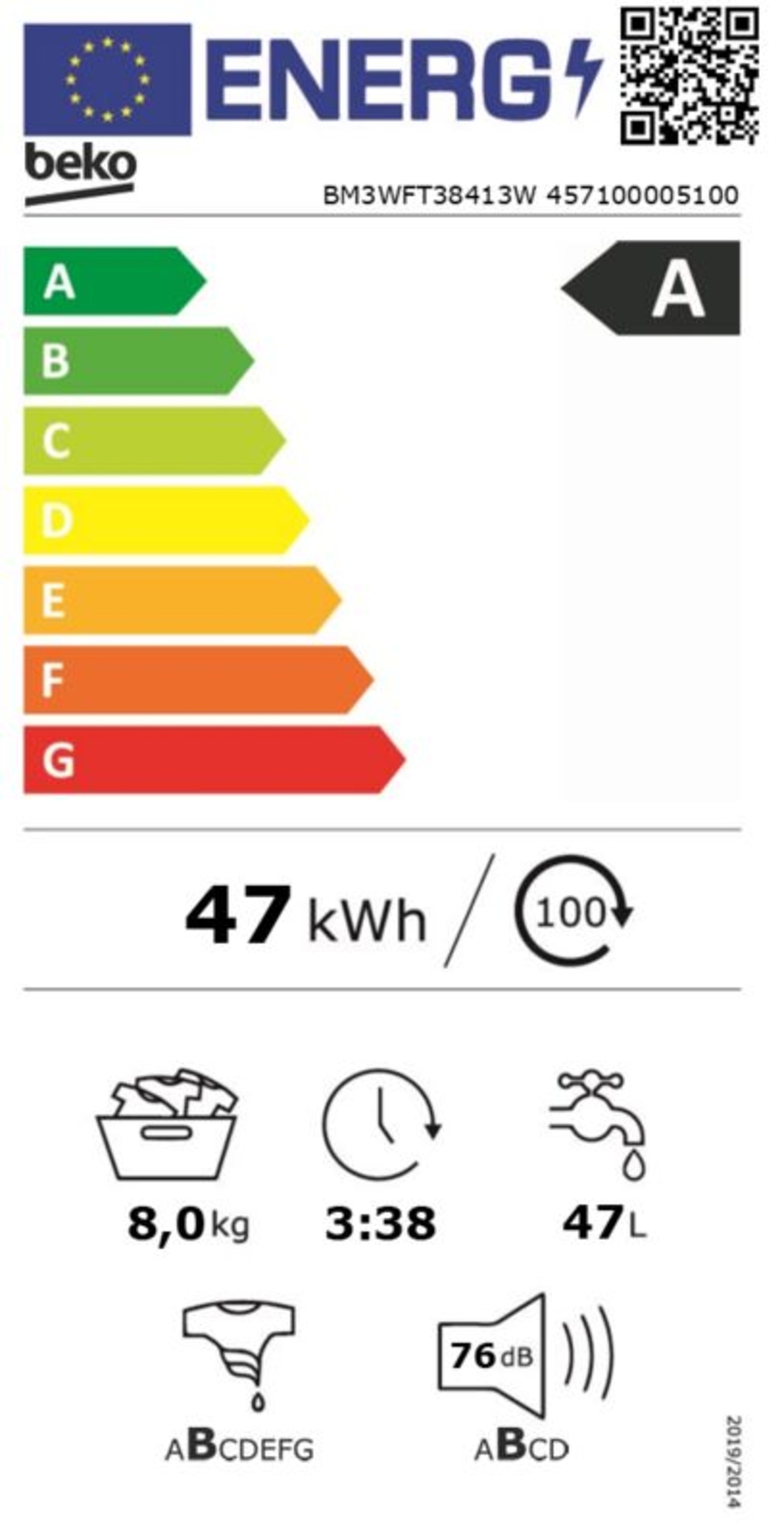 Beko BM3WFT38413W Waschmaschine 1400 U/min 8 kg 