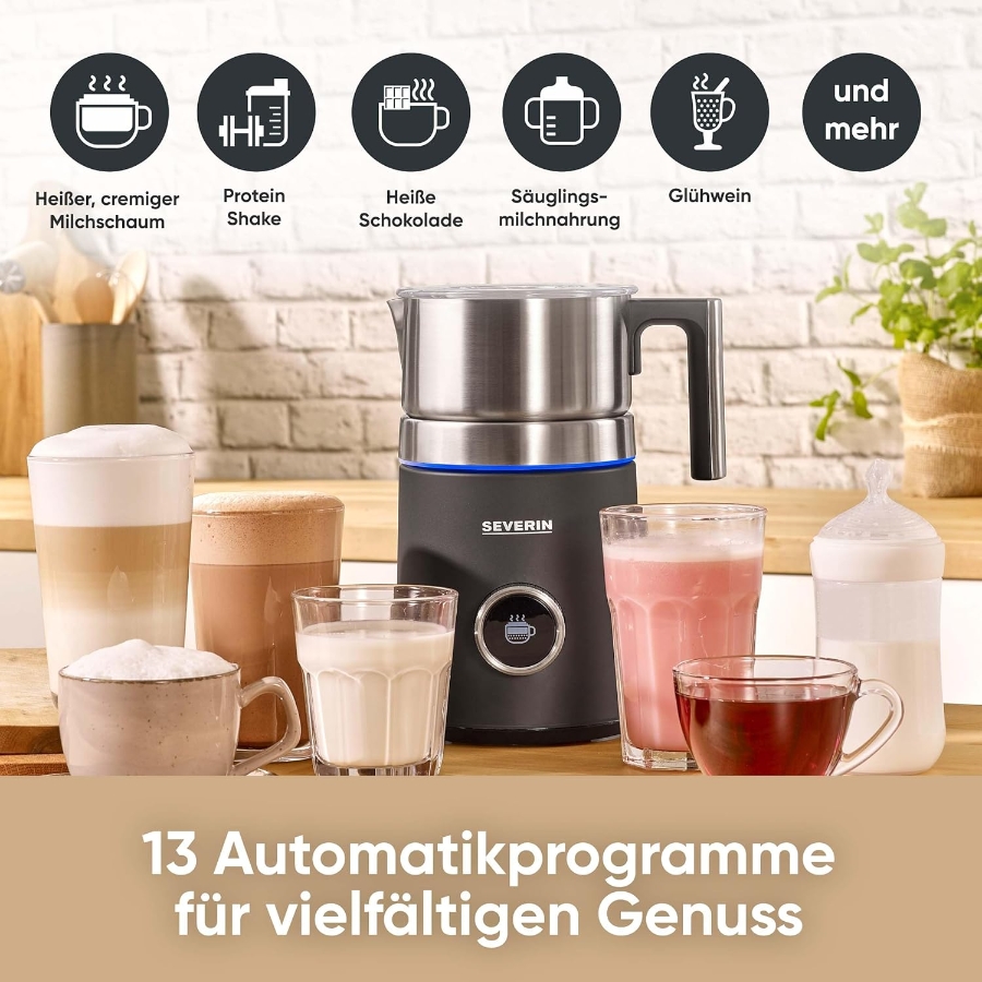 Severin SM 3587  SPUMA 700 Plus Induktions-Milchaufschäumer 13 Programme, OLED-Display, LED-Lichtring mit Statusanzeige,