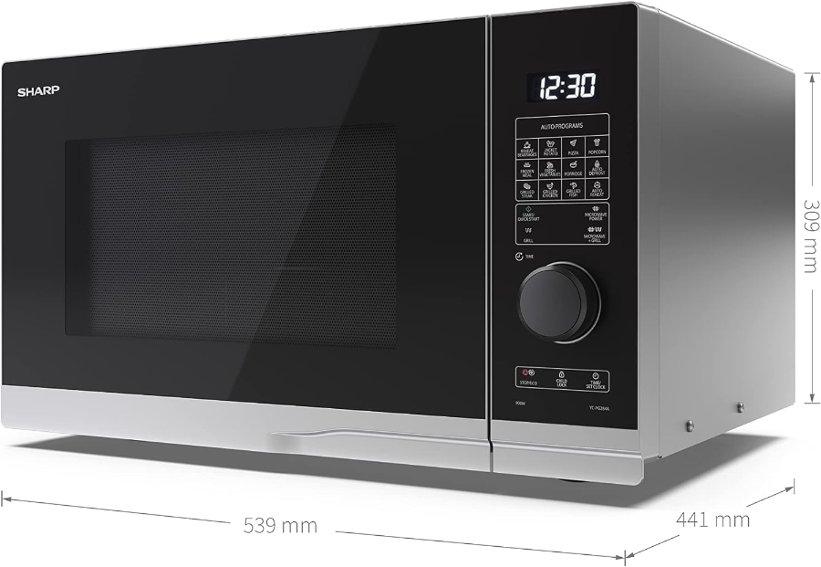 Sharp YC-PC254AE-S Mikrowelle, 900 W, 25 L, 1200 W Grill Elektronik, Heißluft, Doppelgrill, inox