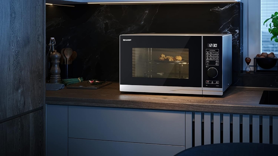 Sharp YC-PC254AE-S Mikrowelle, 900 W, 25 L, 1200 W Grill Elektronik, Heißluft, Doppelgrill, inox
