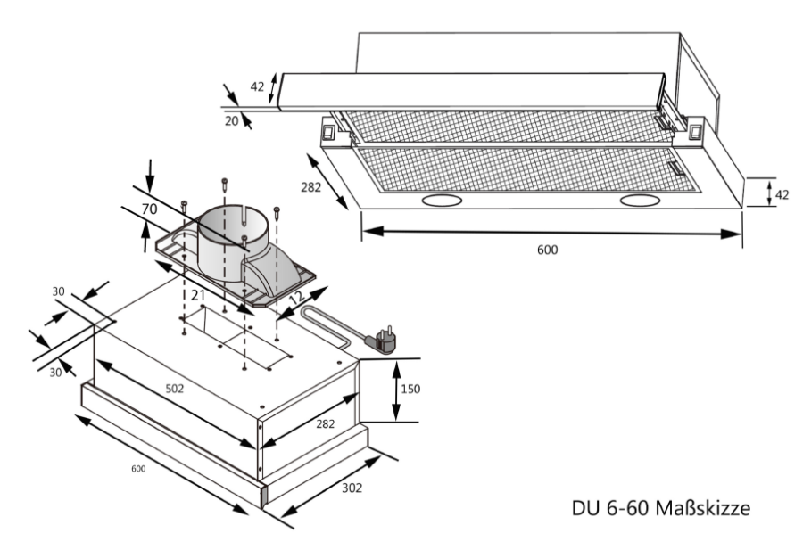 bkitchen DU 6-60 Flach-Dunstabzugsh, 60 cm, Inox, 70 W Motorleistung Luftstrom min./max.: 228 m³/h / 260 m³/h