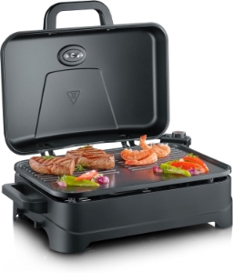 Severin PG 8597 Tischgrill  Elektro-Grill für Balkon 2300W BBQ Grill mit Haube ,max 230 °C matt-schwarz