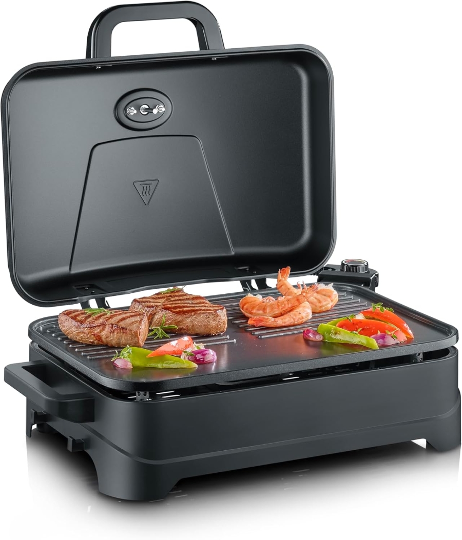 Severin PG 8597 Tischgrill  Elektro-Grill für Balkon 2300W BBQ Grill mit Haube ,max 230 °C matt-schwarz