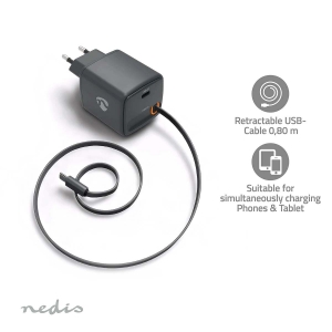 Nedis WCHARC30WBK  Netzladegerät Mit einziehbarem Kabel | 30 W | GaN | PD3.0 30W | 1.5 / 2.0 