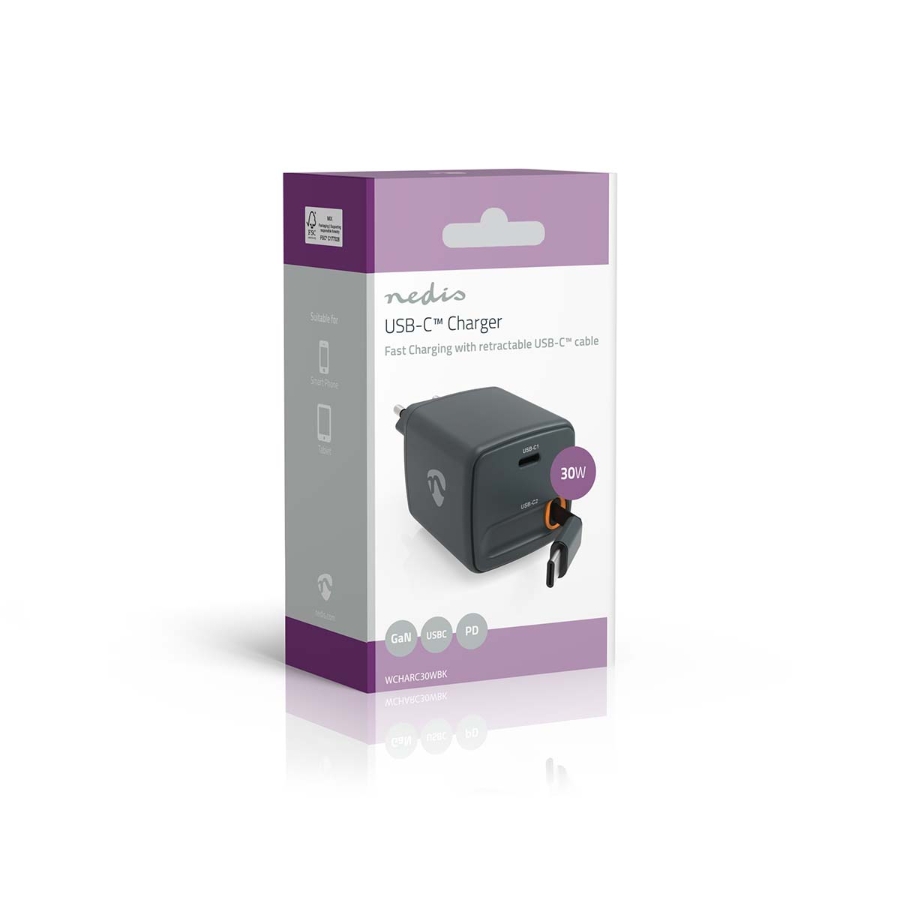 Nedis WCHARC30WBK  Netzladegerät Mit einziehbarem Kabel | 30 W | GaN | PD3.0 30W | 1.5 / 2.0 