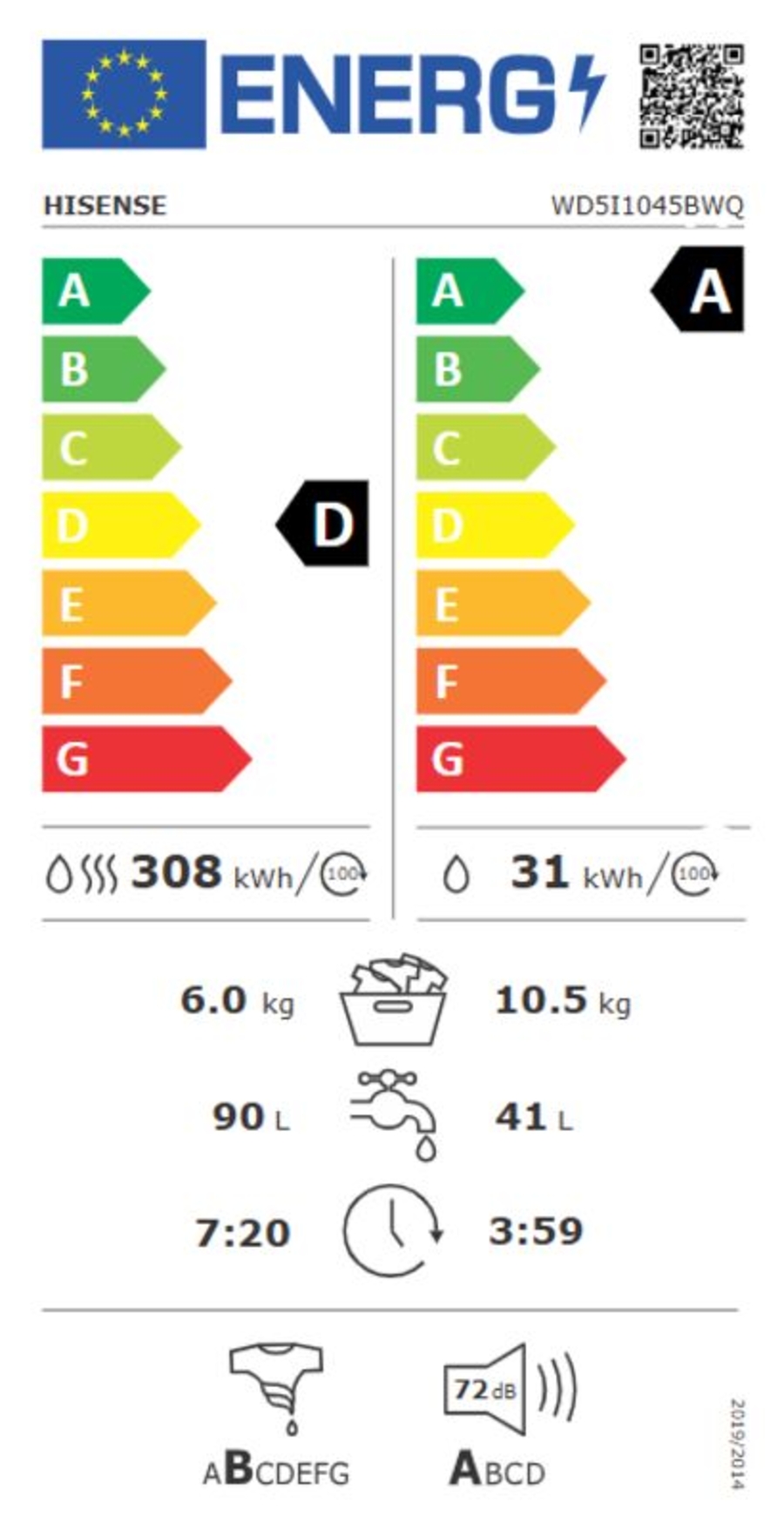 Hisense WD5i1045BWQ Waschtrockner 1400U/min 10.5/6kg 