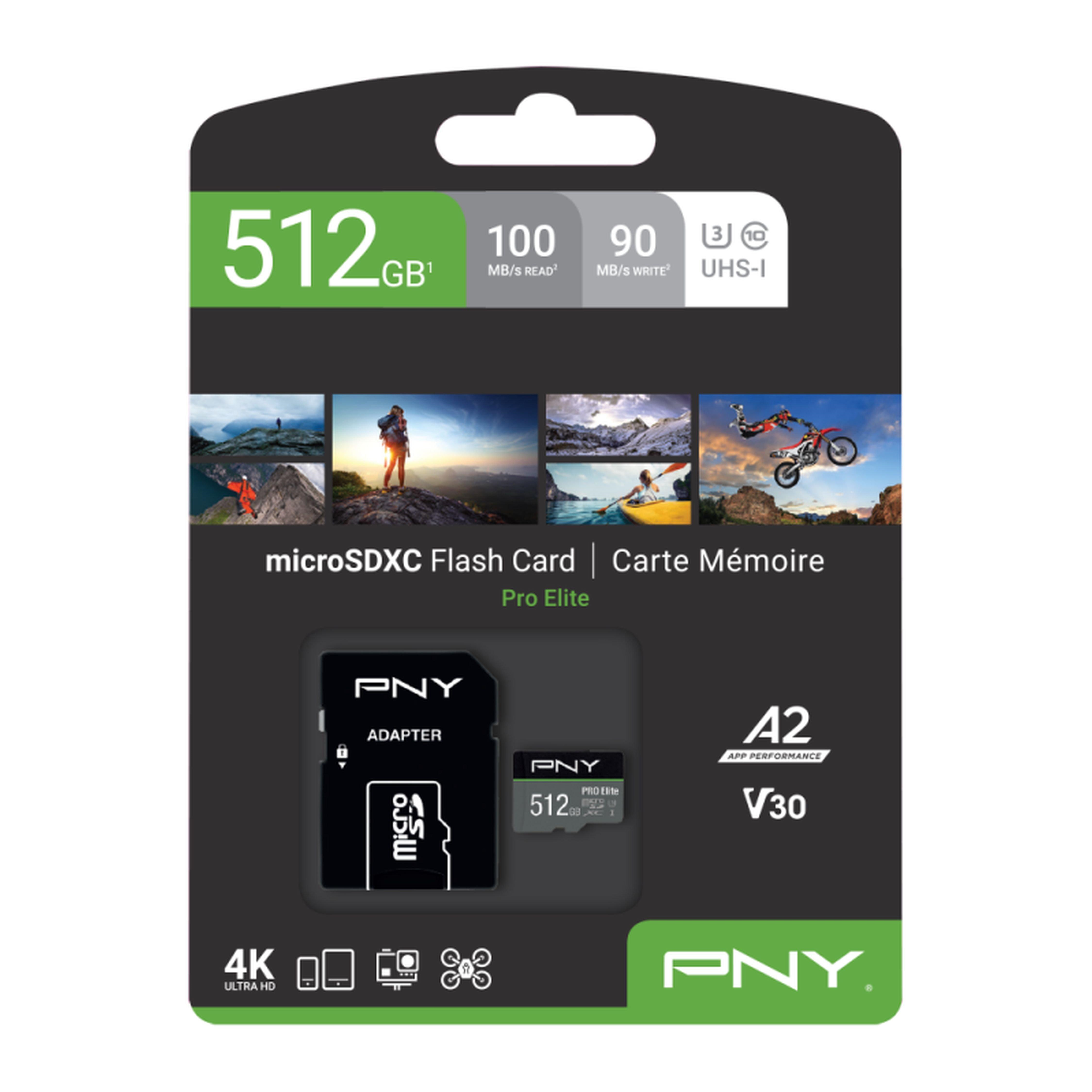 PNY Pro Elite R100/W90 microSD XC Speicherkarte 512GB Kit UHS-I U3, A2, Class 10 (P-SDUX512U3100PRO-GE) 