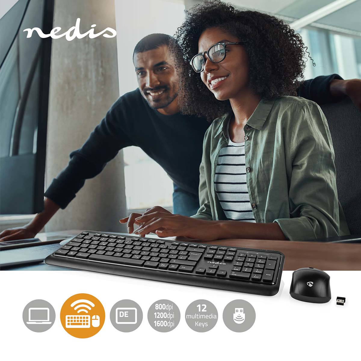 Nedis KBMCW100BKDE Maus und Tastatur-Set   Wireless | Maus- und Tastaturverbindung: USB | 800 / 1200 / 