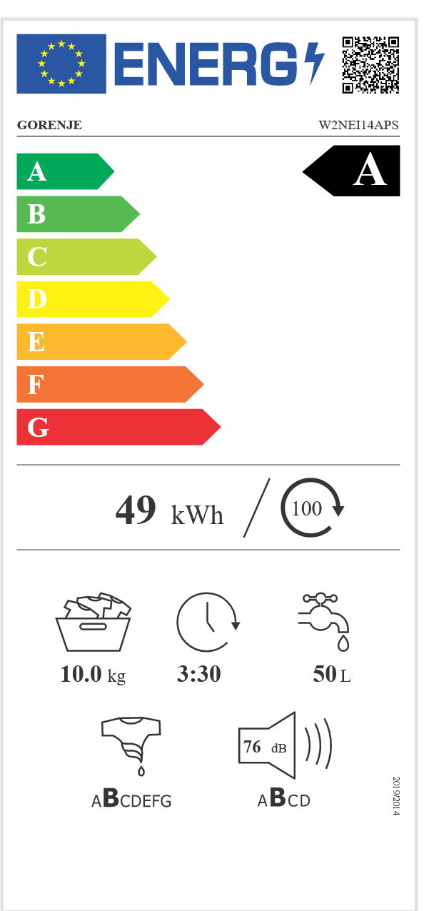 Gorenje W2NEI14APS Energieeffizienzklasse: A, Fassungsvermögen: 10 kg