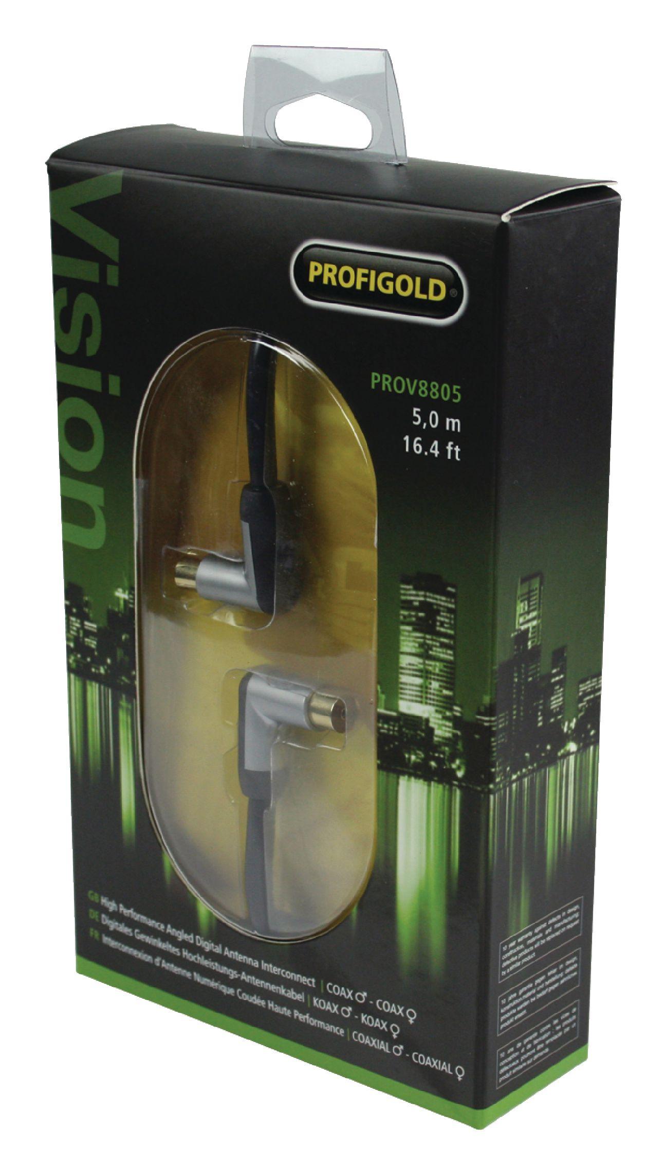 Profigold PROV8805 Koaxkabel 120 dB abgewinkelt Koax-Stecker Koax-Kupplung 5.00 m Schwarz