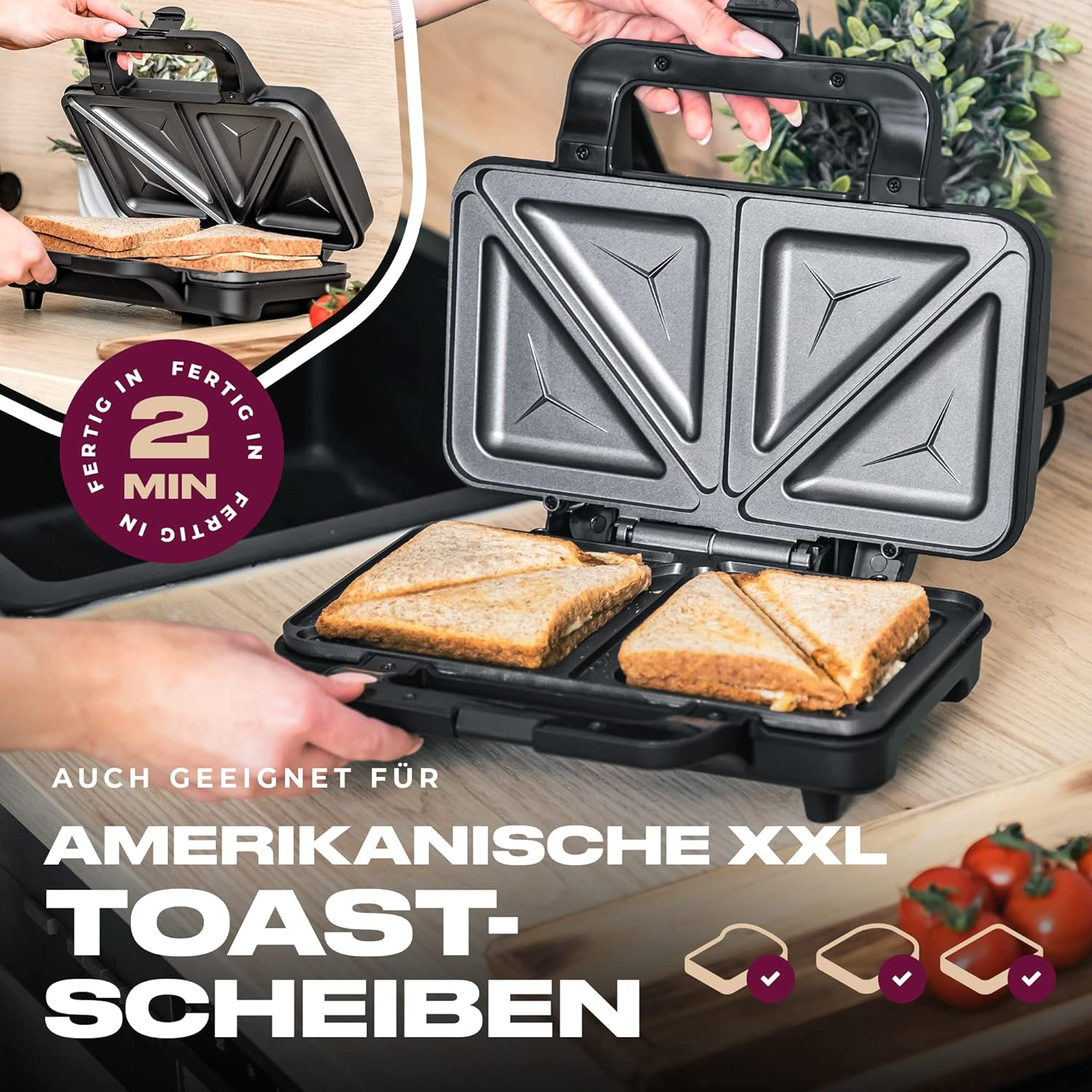 Proficook PC-ST 1092 Sandwichtoaster, 900 W,Edelstahl-schwarz Sandwichmaker für amerikanische Sandwiches und XXL-
