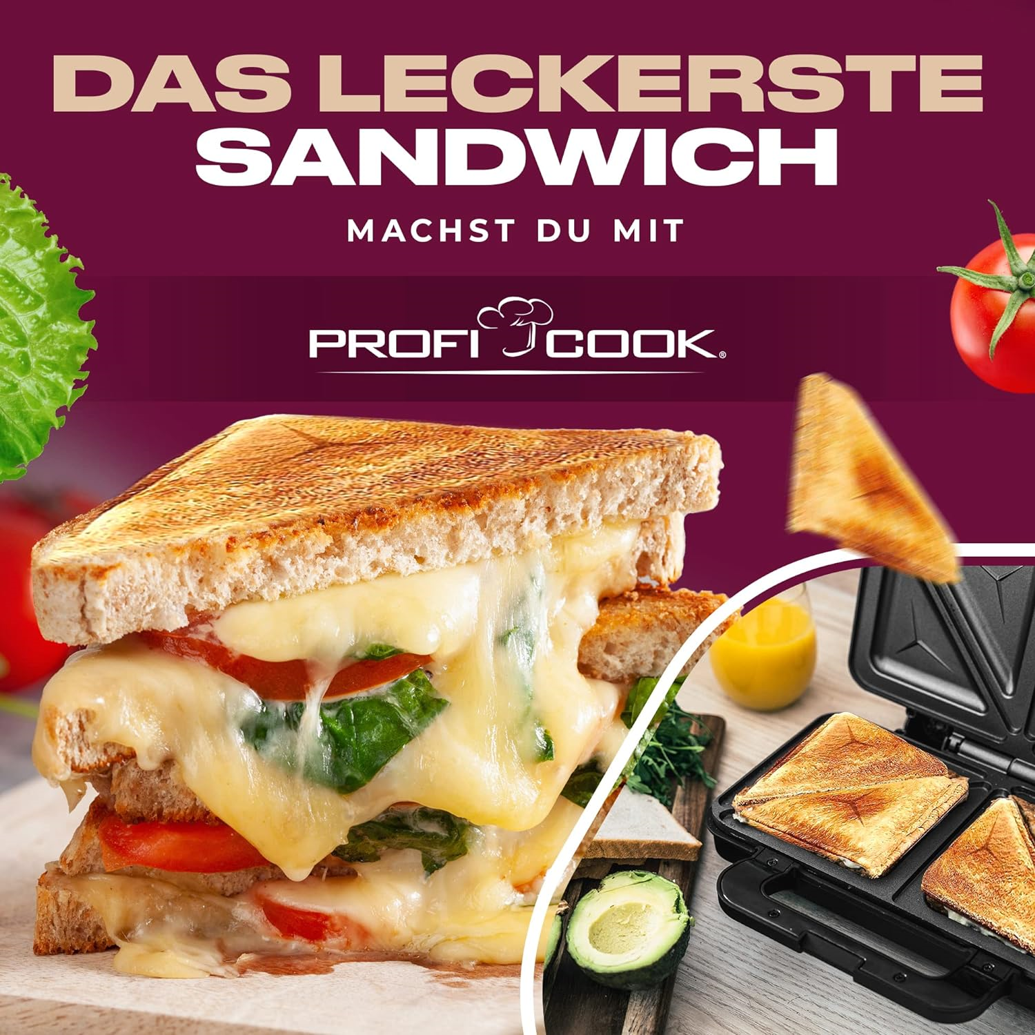 Proficook PC-ST 1092 Sandwichtoaster, 900 W,Edelstahl-schwarz Sandwichmaker für amerikanische Sandwiches und XXL-