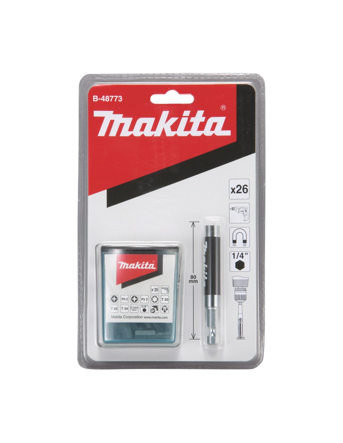 Makita B-48773 Magnetischer Bithalter mit Schiebehülse 80 mm, inkl. 25-tlg. Bitset